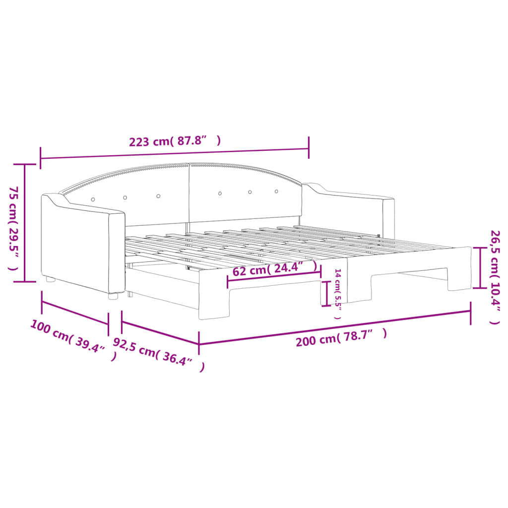 Lit de jour avec gigogne sans matelas taupe 90x200 cm