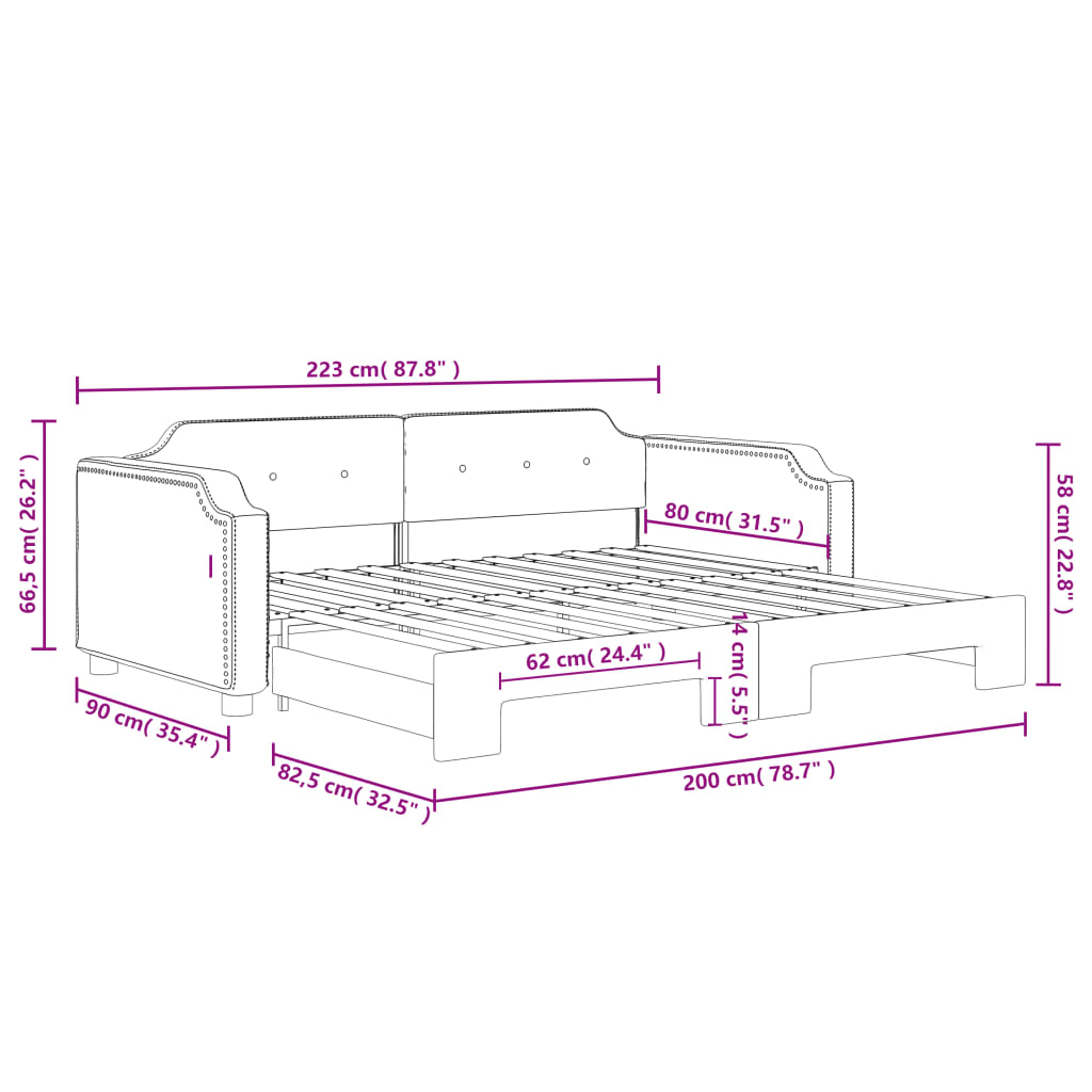 Lit de jour avec gigogne sans matelas taupe 80x200 cm