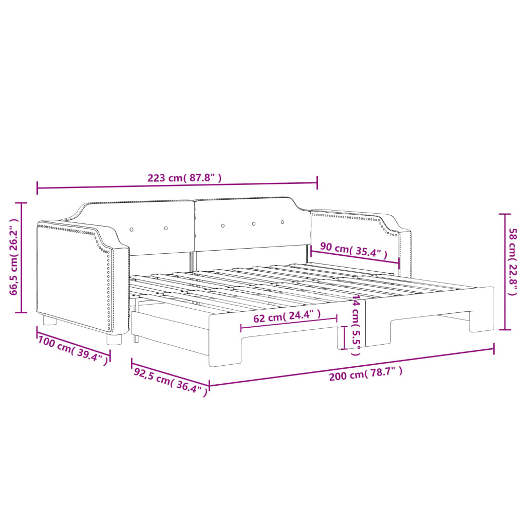 Lit de jour avec gigogne sans matelas gris clair 90x200 cm