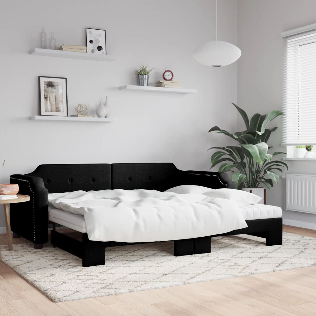 Day bed with trundle and black mattress 90x200 cm fabric