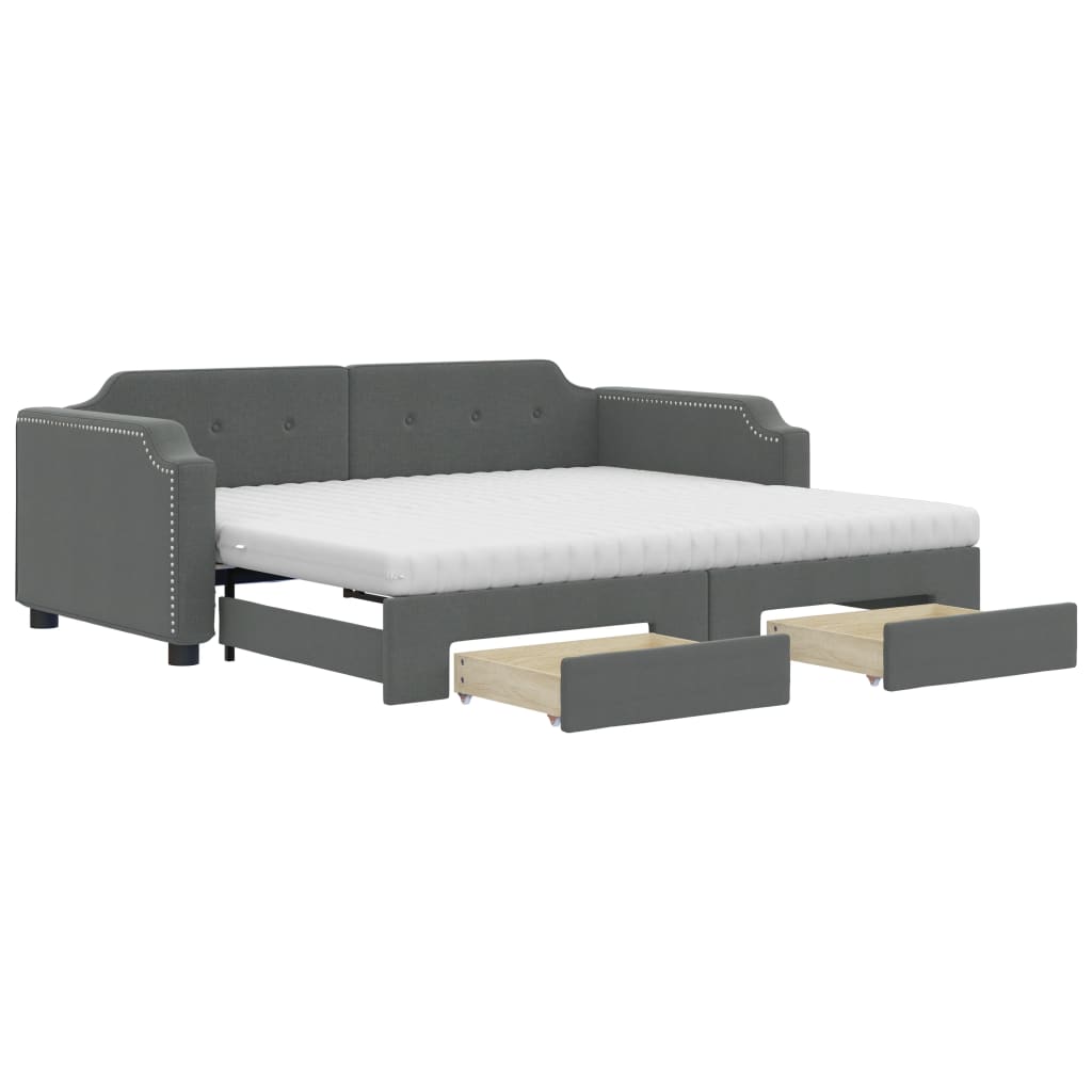 Day bed with trundle and drawers dark gray 90x200 cm fabric