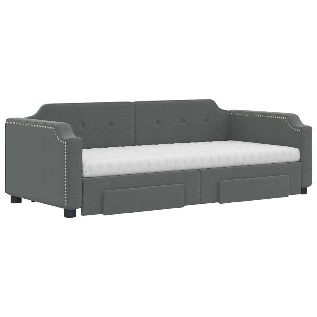 Day bed with trundle and drawers dark gray 90x200 cm fabric