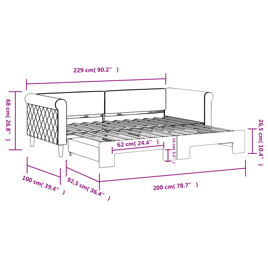 Lit de jour avec gigogne sans matelas rose 90x200 cm