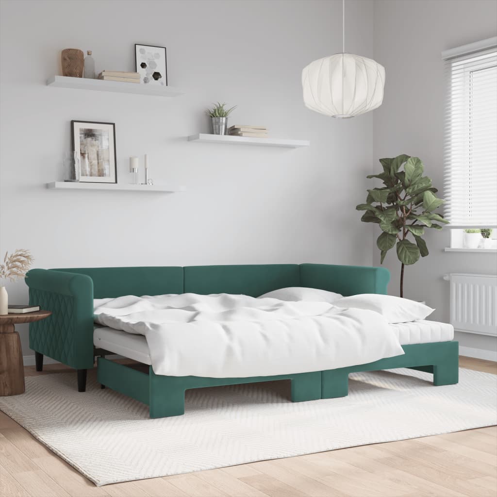 Lit de jour avec gigogne et matelas vert foncé 90x200cm velours