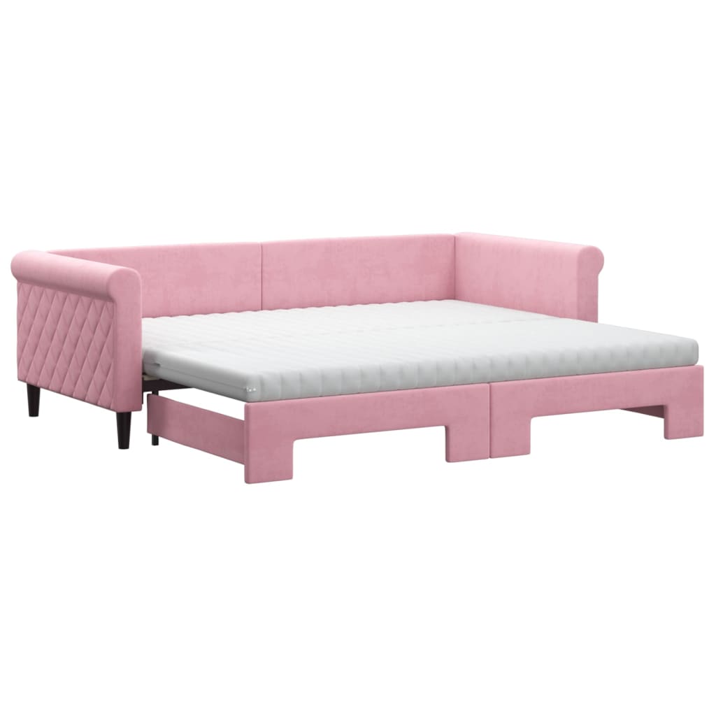 Lit de jour avec gigogne et matelas rose 90x200 cm velours