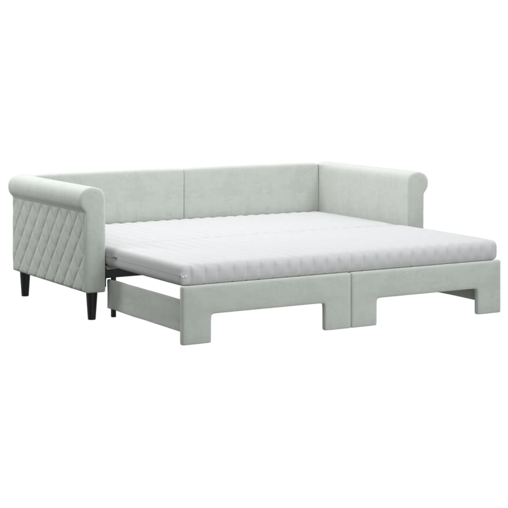 Lit de jour avec gigogne et matelas gris clair 90x190cm velours