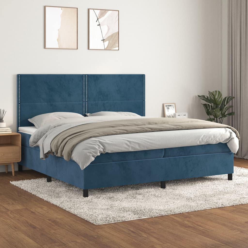 Dark Blue 200x200cm Velvet Bed Slatted Base and Mattress