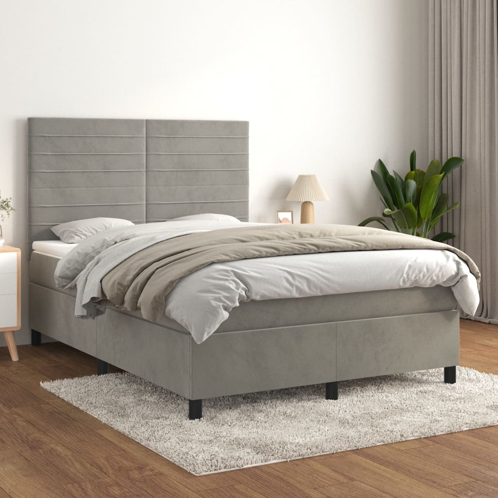 Light Grey 140x190cm Velvet Bed Slatted Base and Mattress