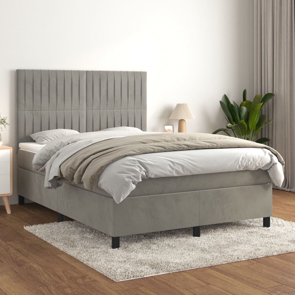 Light Grey 140x200cm Velvet Bed Slatted Base and Mattress