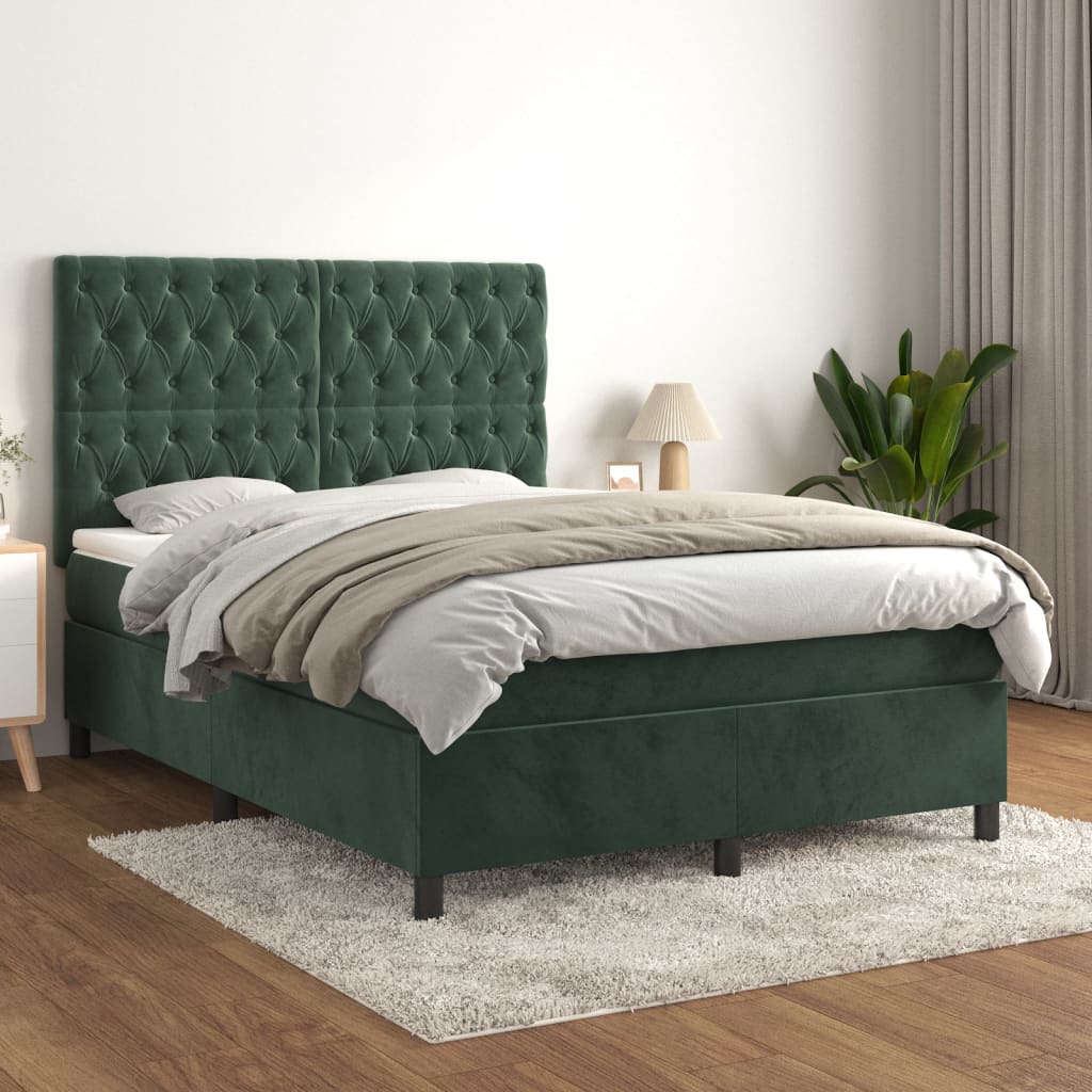 Dark Green 140x200cm Velvet Bed Slatted Base and Mattress