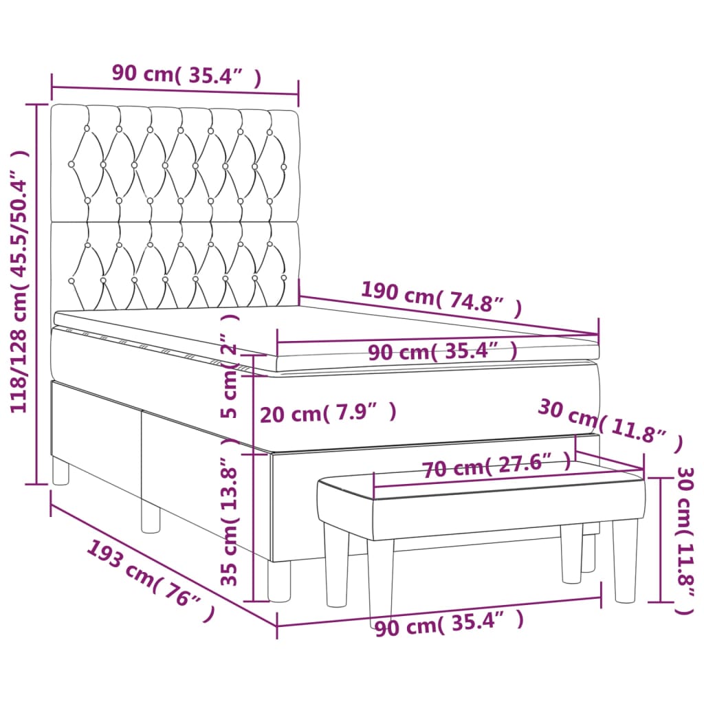 Sommier à lattes de lit et matelas Gris foncé 90x190 cm Tissu