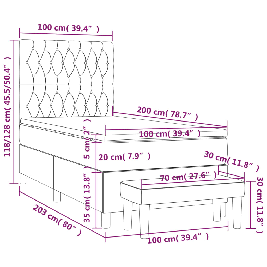 Sommier à lattes de lit avec matelas Gris foncé 100x200cm Tissu