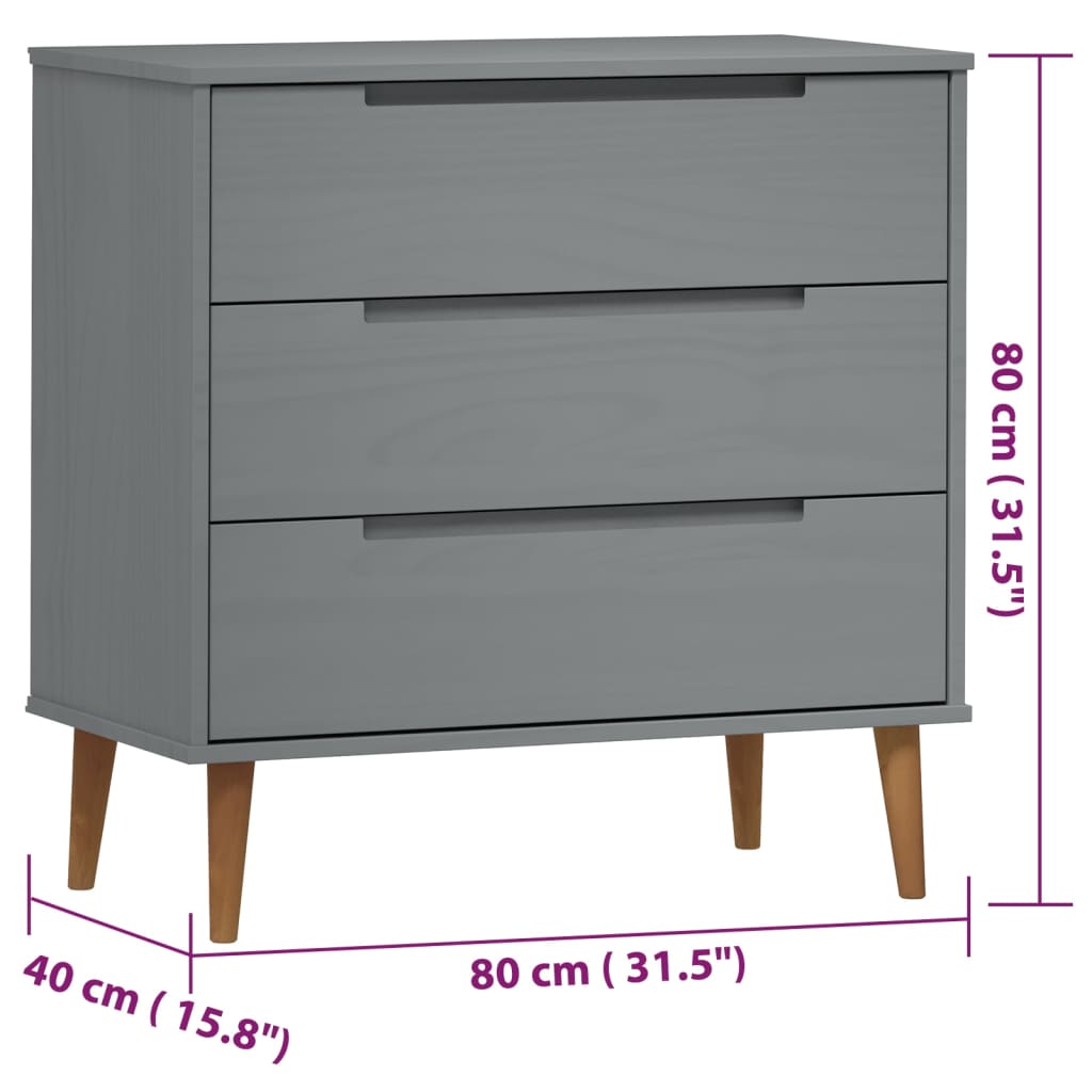 MOLDE Kommode Grau 80x40x80 cm Massives Kiefernholz