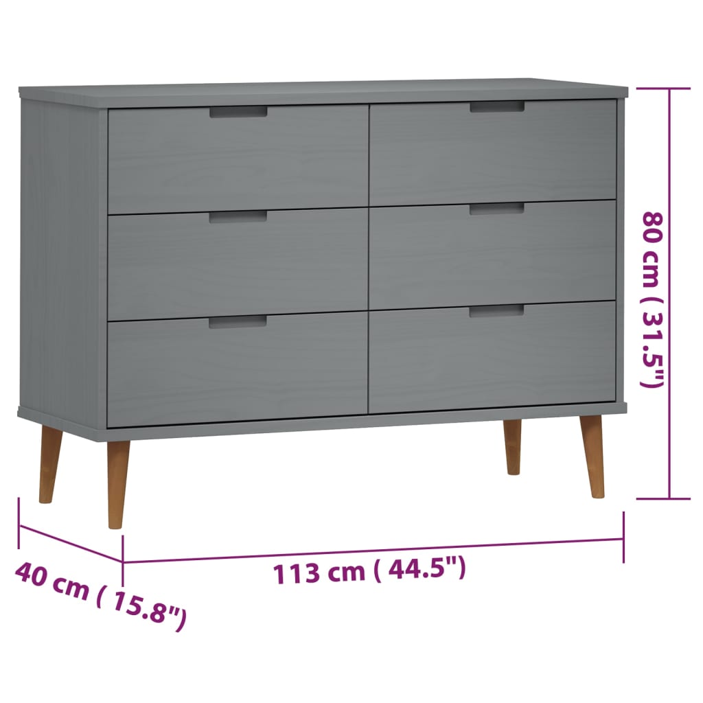 MOLDE Kommode Grau 113x40x80 cm Massives Kiefernholz