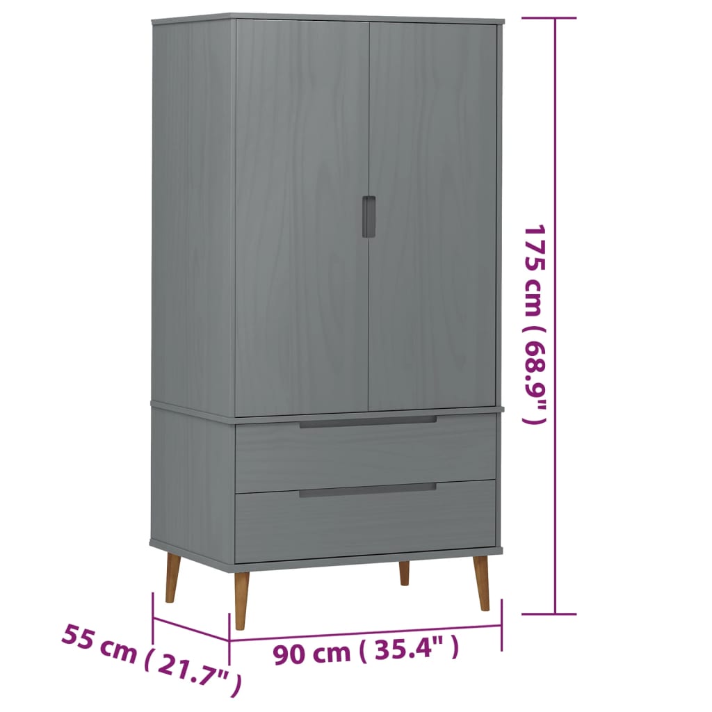 Garde-robe MOLDE Gris 90x55x175 cm Bois massif de pin