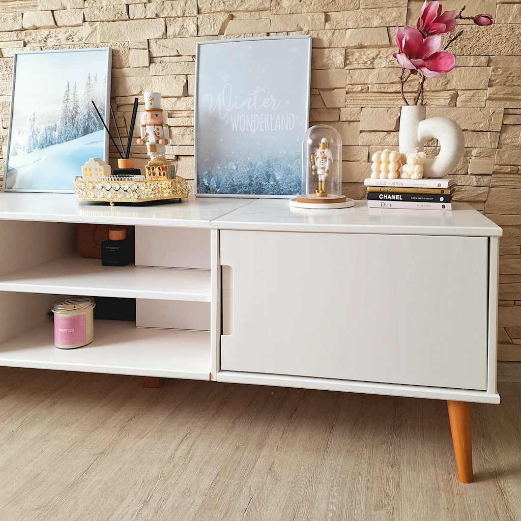 Meuble TV MOLDE Blanc 158x40x49 cm Bois de pin massif