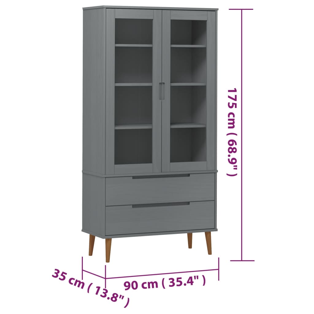 Armoire à vitrine MOLDE Gris 90x35x175 cm Bois de pin massif