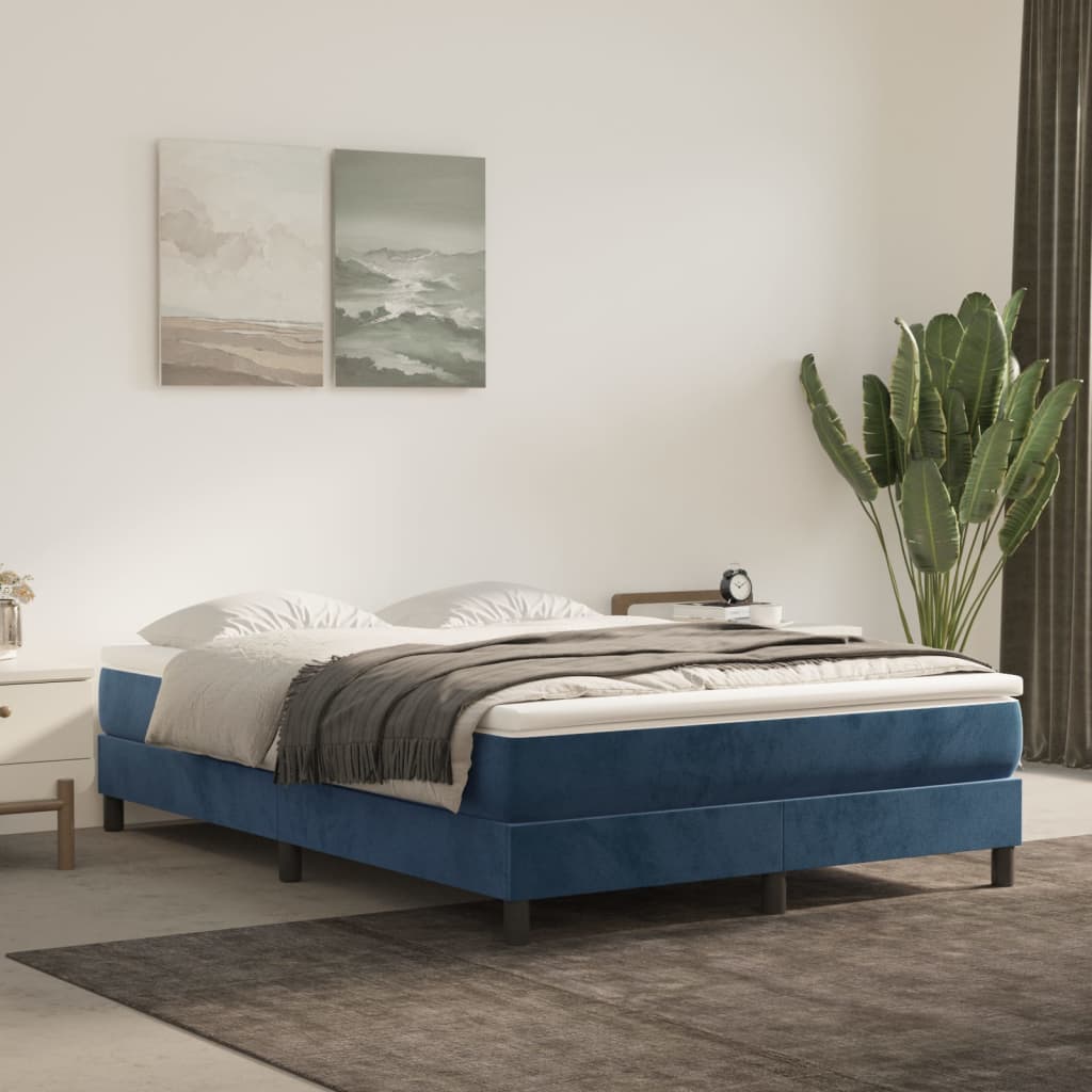 Dark Blue 140x190cm Velvet Bed Slatted Base and Mattress