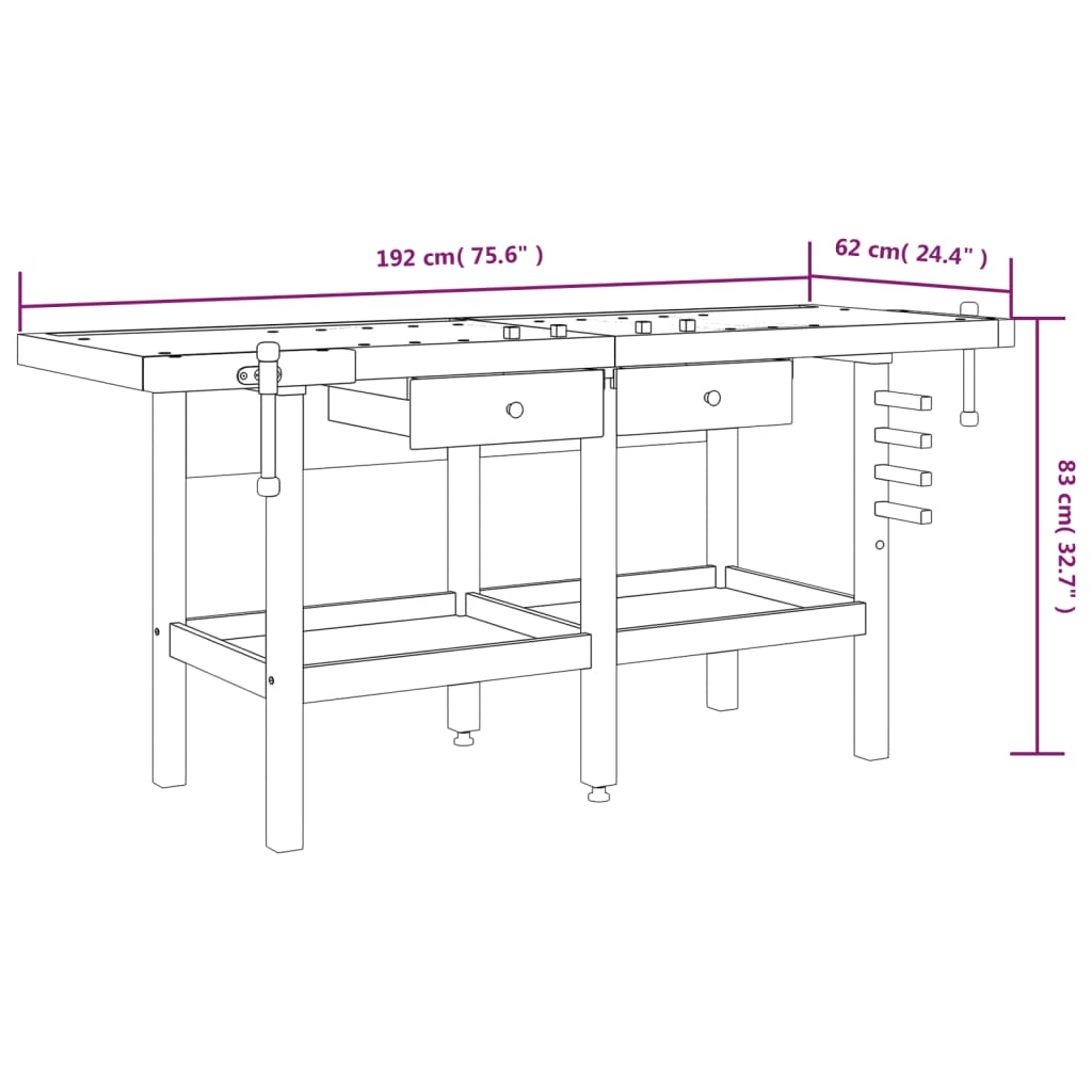 Werkbank mit Schubladen und Schraubstöcken 192x62x83 cm Massives Akazienholz