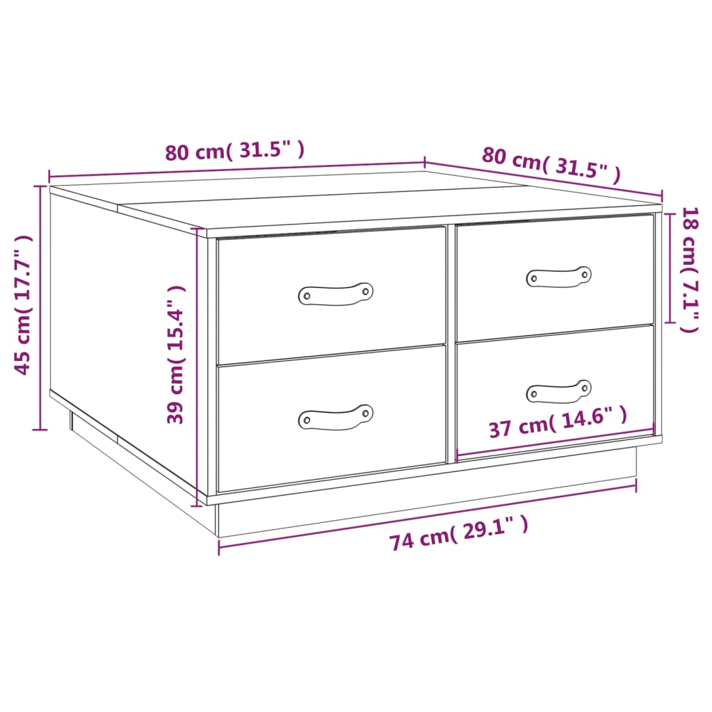 Couchtisch Weiß 80x80x45 cm Massives Kiefernholz