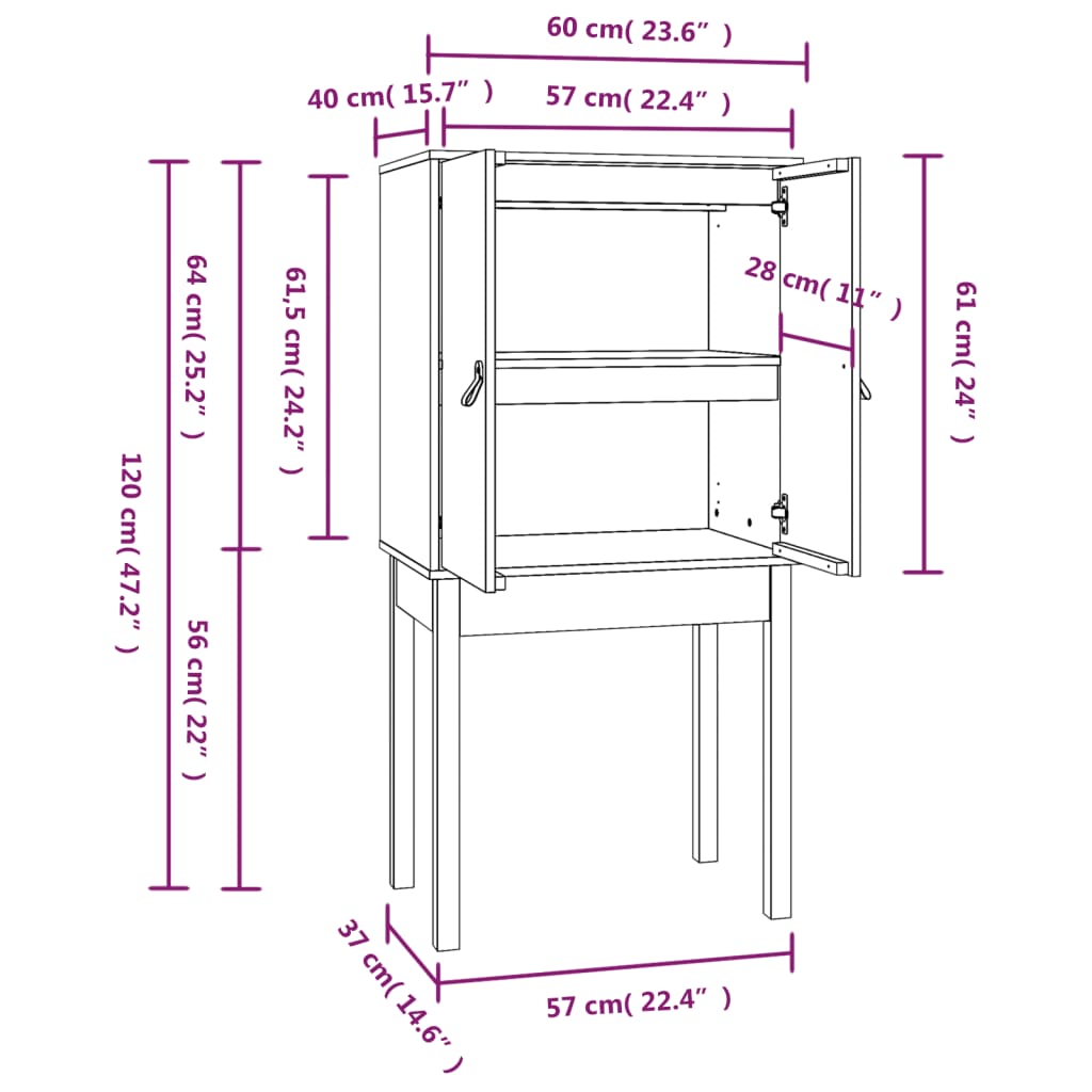 Hohes Sideboard 60x40x120 cm Massives Kiefernholz