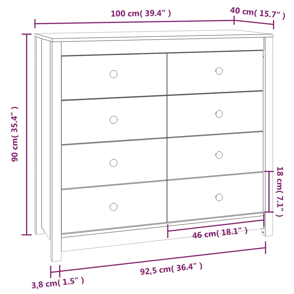 Beistellschrank Weiß 100x40x90 cm Massives Kiefernholz