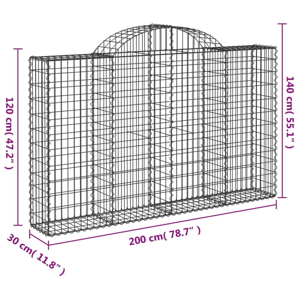 Paniers à gabions arqués 3 pcs 200x30x120/140 cm Fer galvanisé