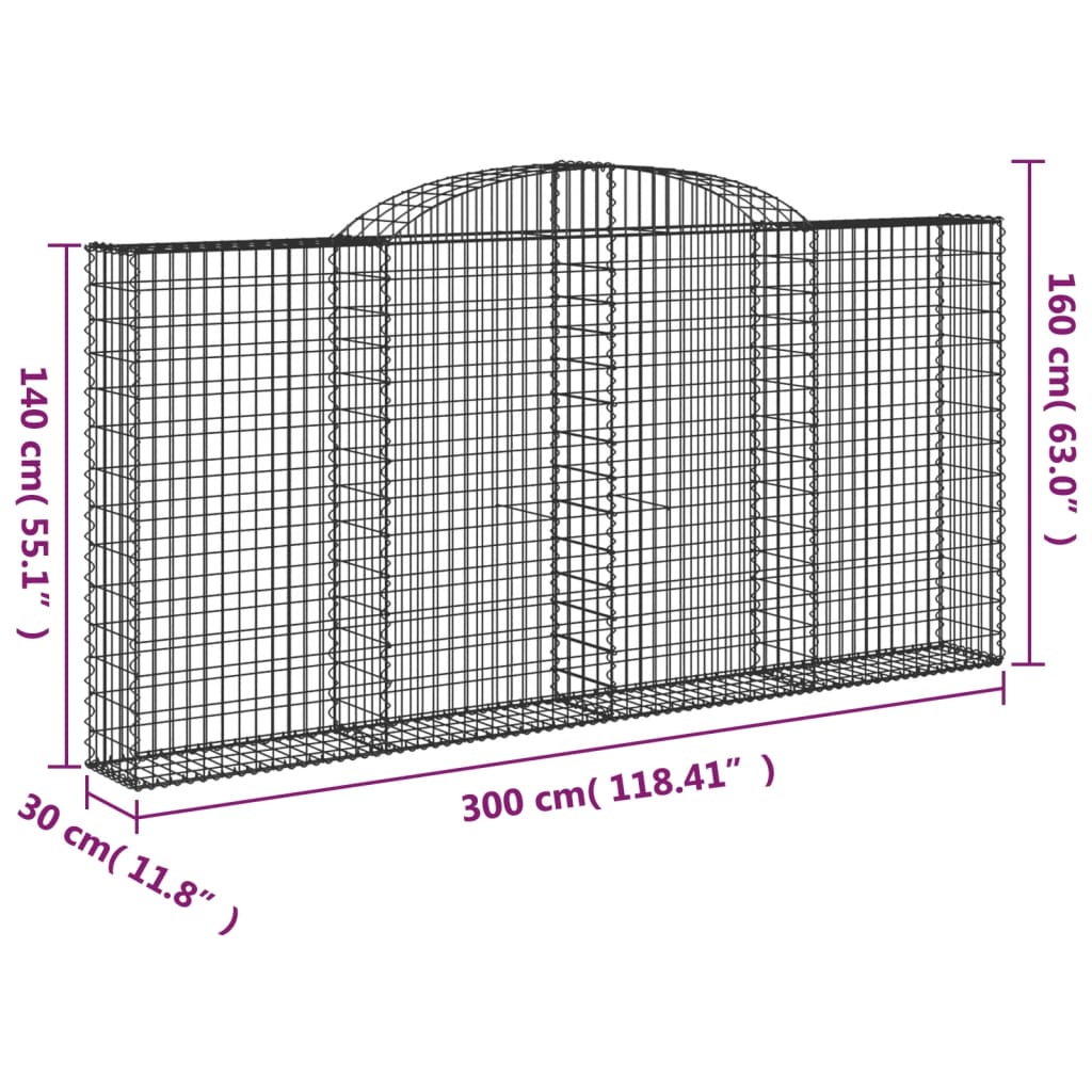 Paniers à gabions arqués 2 pcs 300x30x140/160 cm fer galvanisé