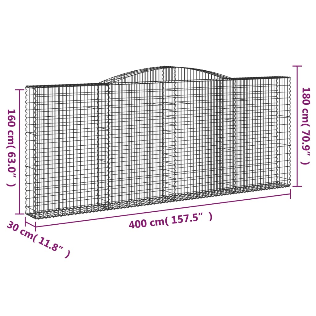 Paniers à gabions arqués 4 pcs 400x30x160/180 cm Fer galvanisé