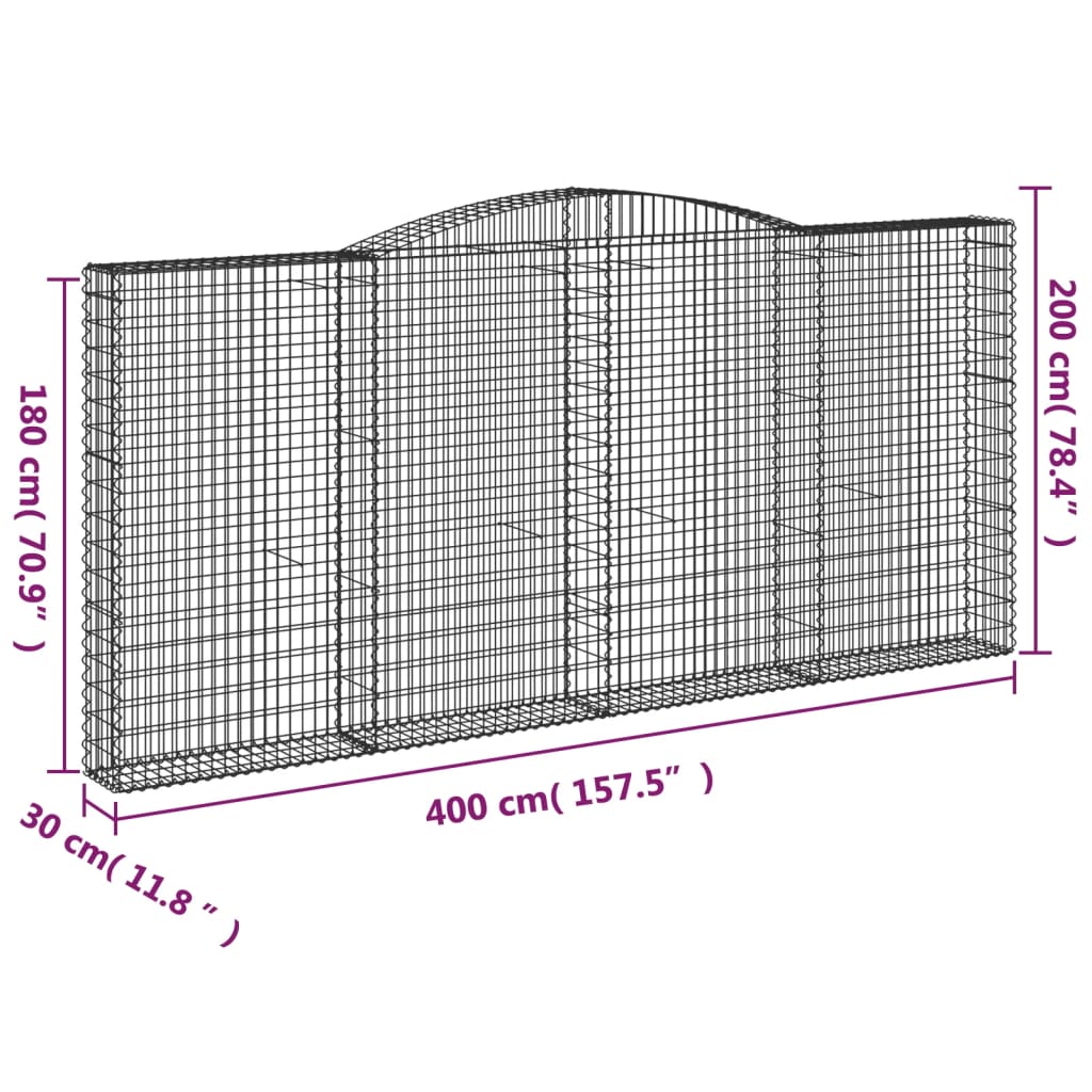 Paniers à gabions arqués 4 pcs 400x30x180/200 cm Fer galvanisé