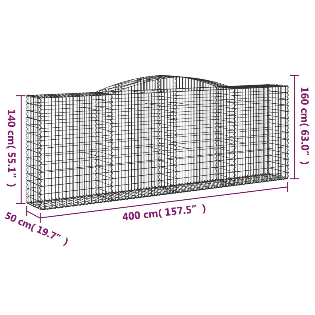 Paniers à gabions arqués 3 pcs 400x50x140/160 cm Fer galvanisé