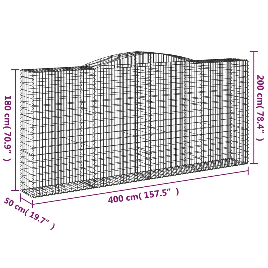 Paniers à gabions arqués 3 pcs 400x50x180/200 cm Fer galvanisé