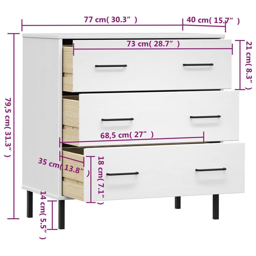 Buffet avec 3 tiroirs Blanc 77x40x79,5 cm Bois massif OSLO