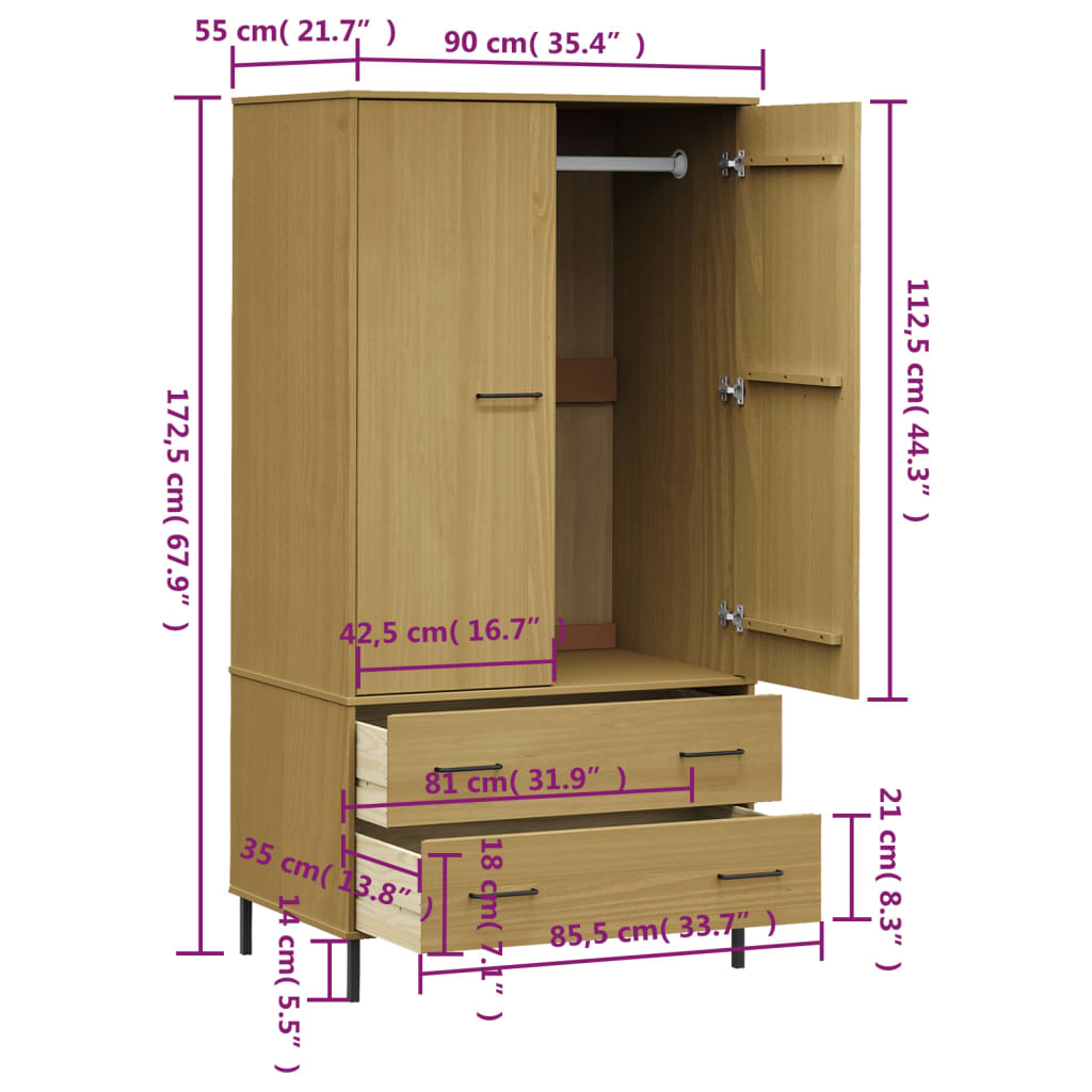 Garde-robe avec pieds en métal Marron 90x55x172,5 cm Bois OSLO