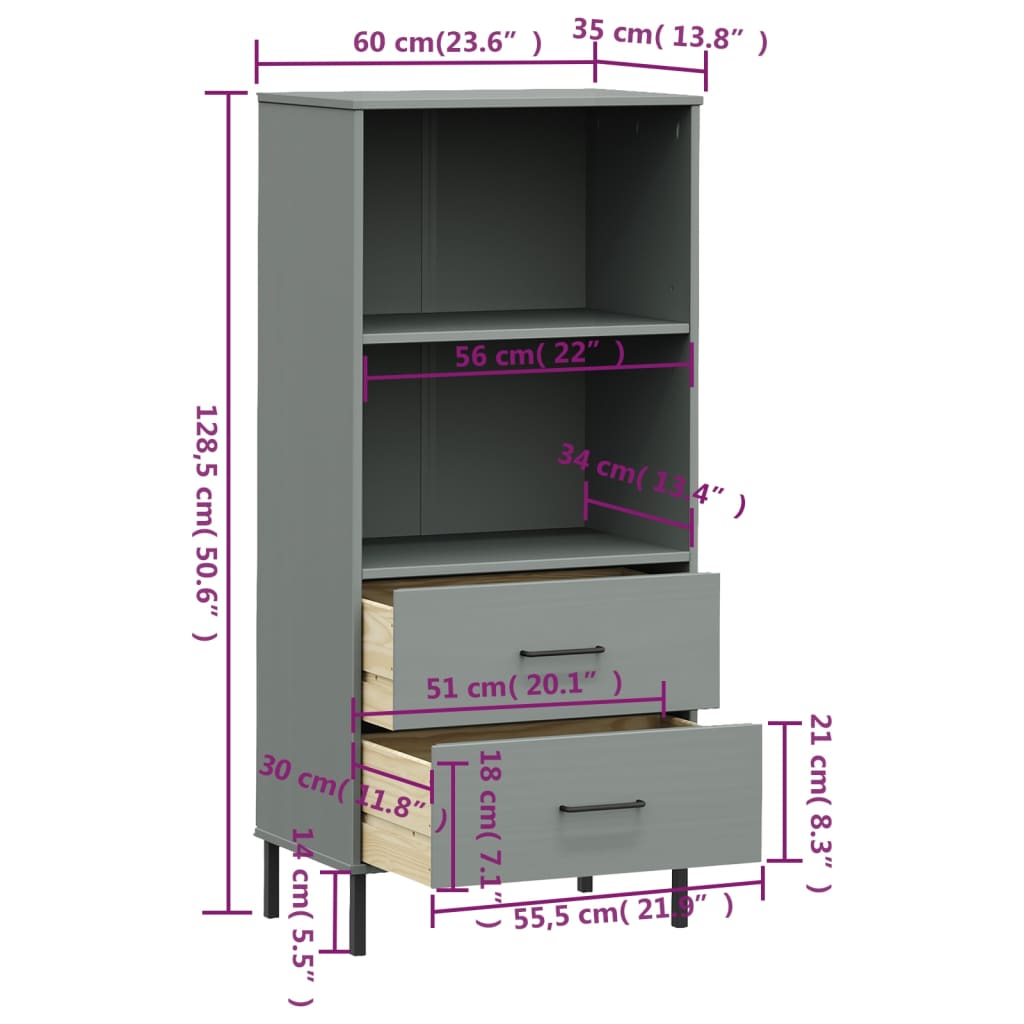 Bibliothèque à 2 tiroirs Gris 60x35x128,5 cm Bois massif OSLO