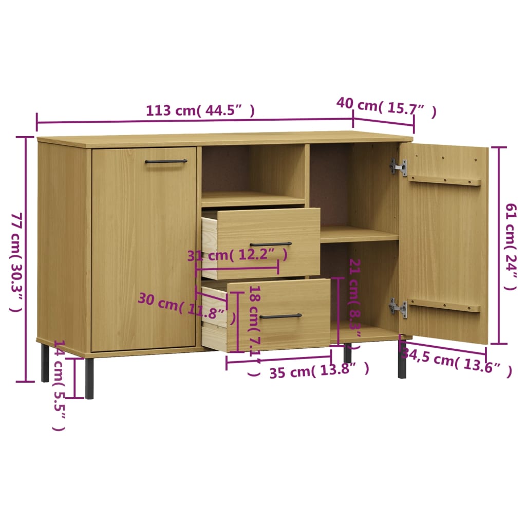 Buffet avec pieds en métal Marron 113x40x77 cm Bois massif OSLO