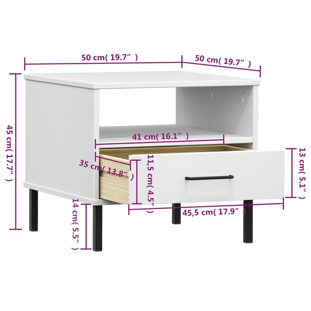 Table de chevet avec pieds en métal Blanc Bois pin massif OSLO