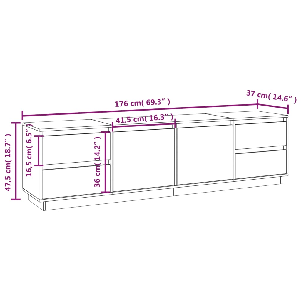 Grey TV cabinet 176x37x47.5 cm Solid pine wood