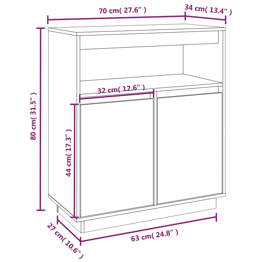 Grey Sideboard 70x34x80 cm Solid Pine Wood