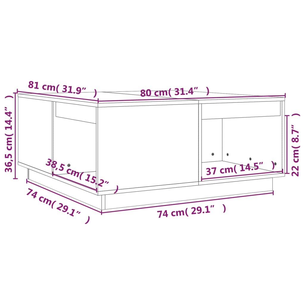 Table basse Marron miel 80x81x36,5 cm Bois massif de pin