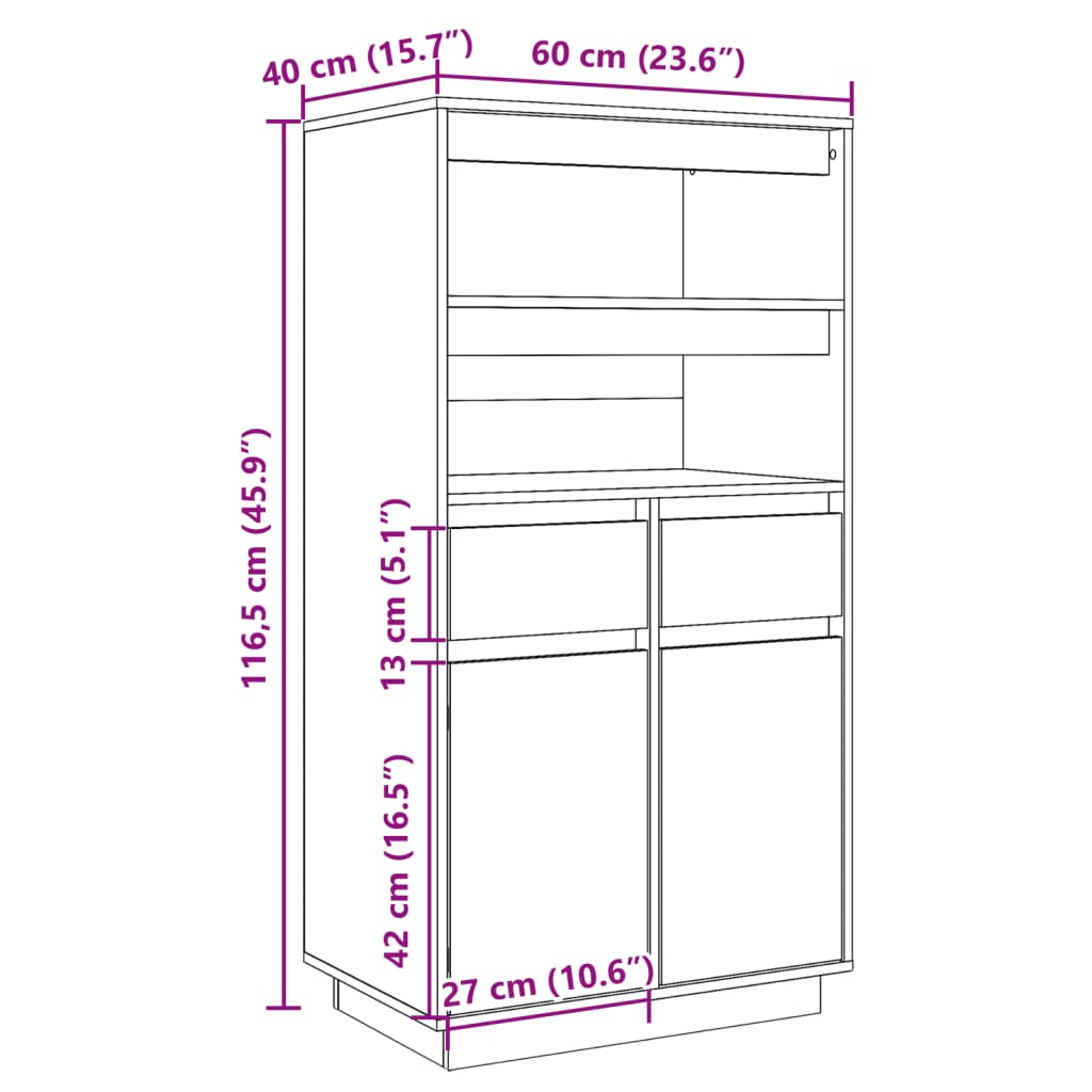 Buffet haut Gris 60x40x116,5 cm Bois massif de pin