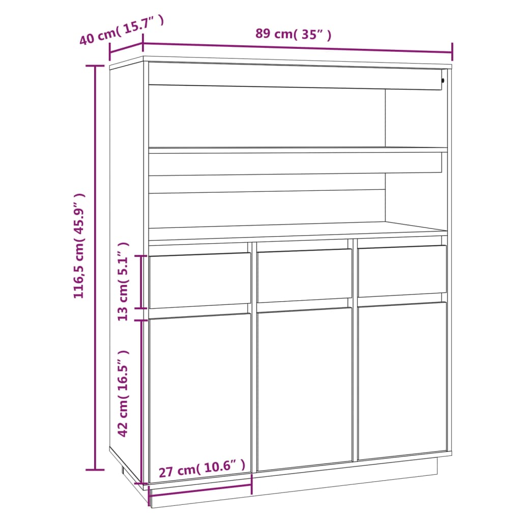 Buffet haut Blanc 89x40x116,5 cm Bois massif de pin