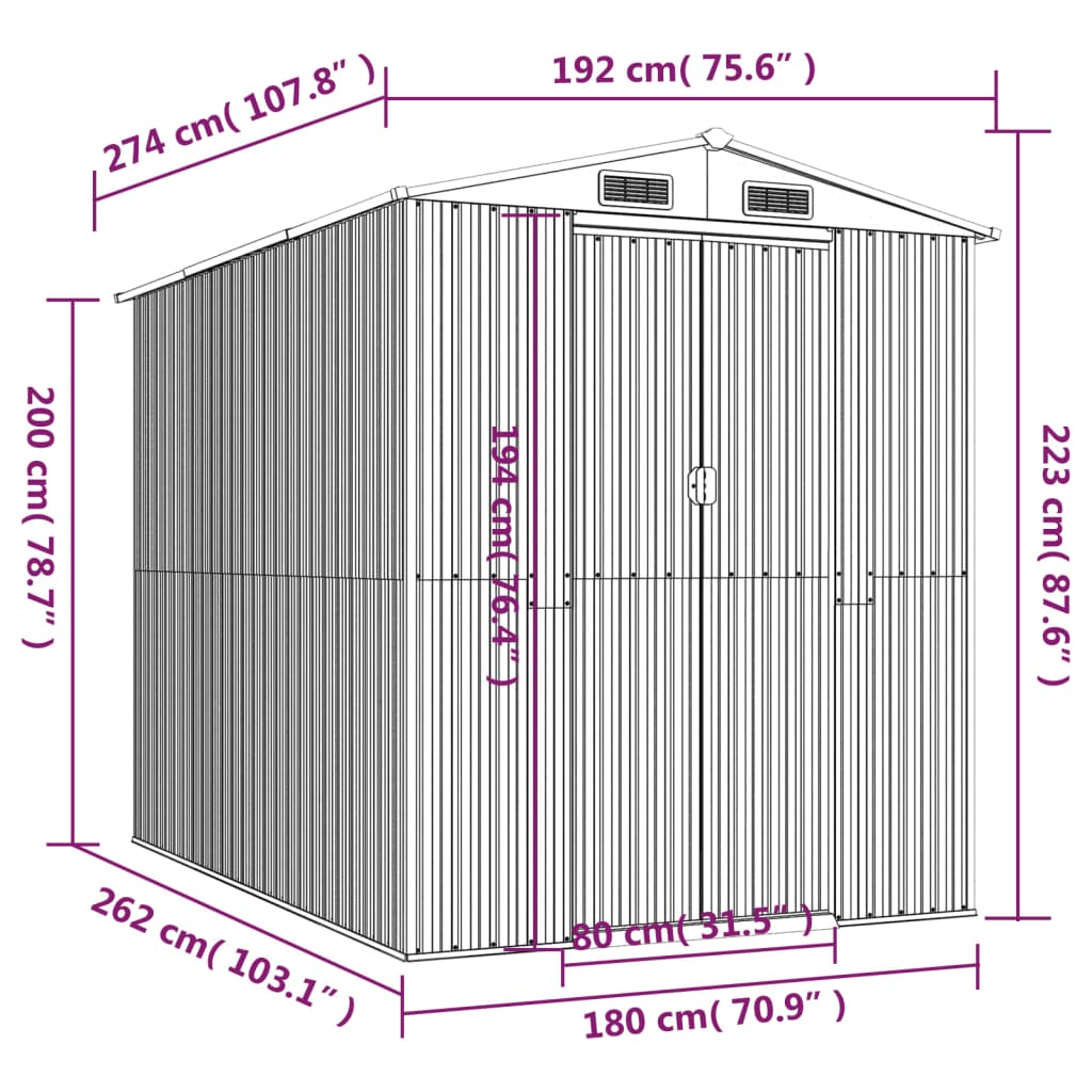 Abri de jardin Gris clair 192x274x223 cm Acier galvanisé