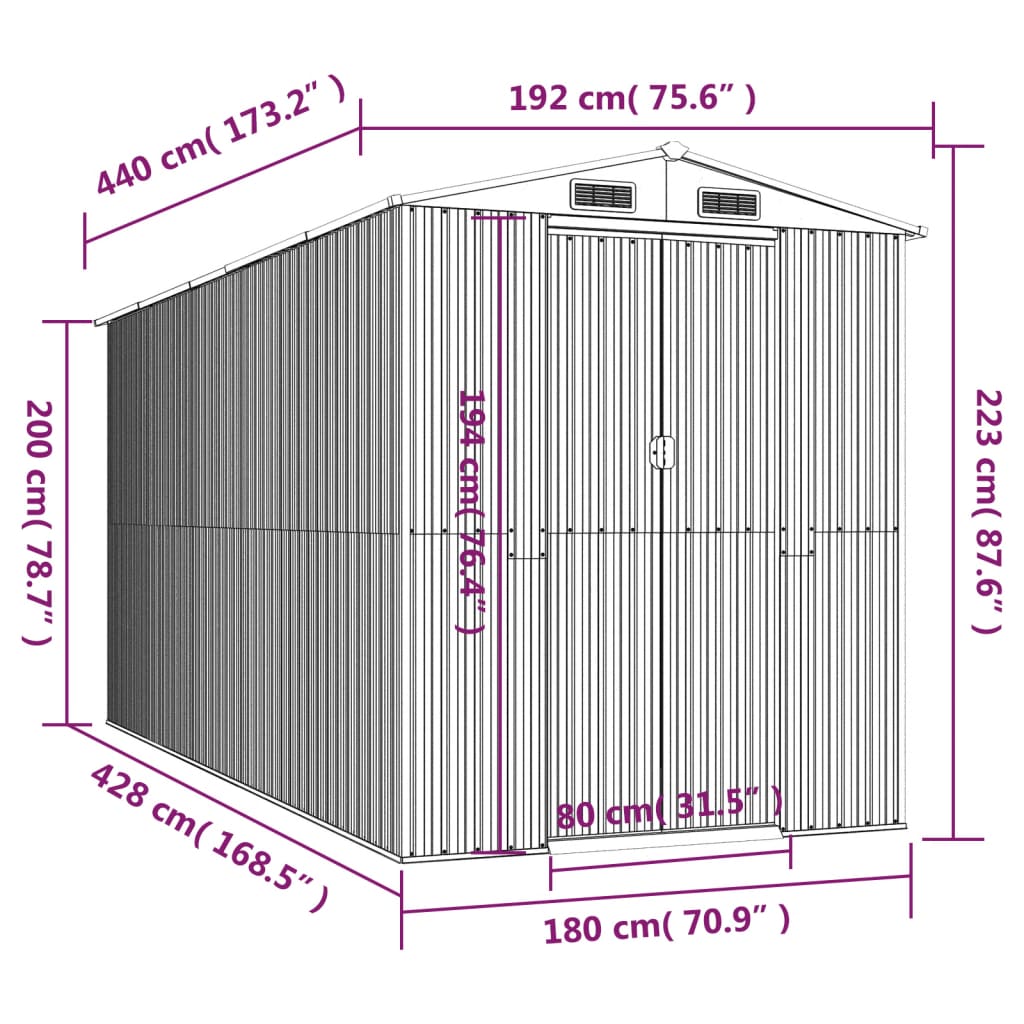 Garden shed Light grey 192x440x223 cm Galvanized steel