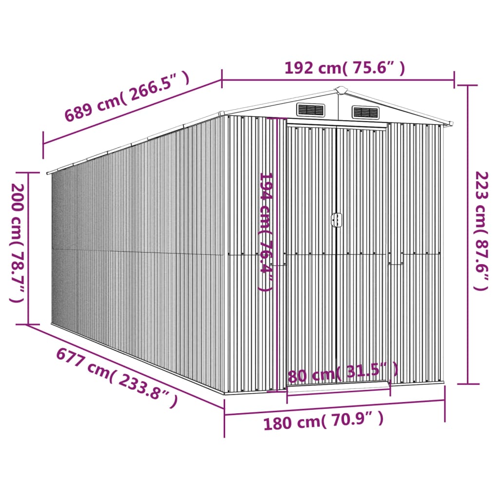 Abri de jardin Gris clair 192x689x223 cm Acier galvanisé