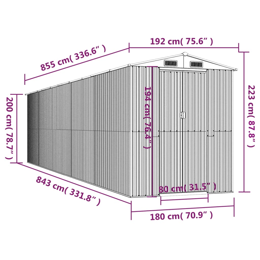 Abri de jardin Gris clair 192x855x223 cm Acier galvanisé