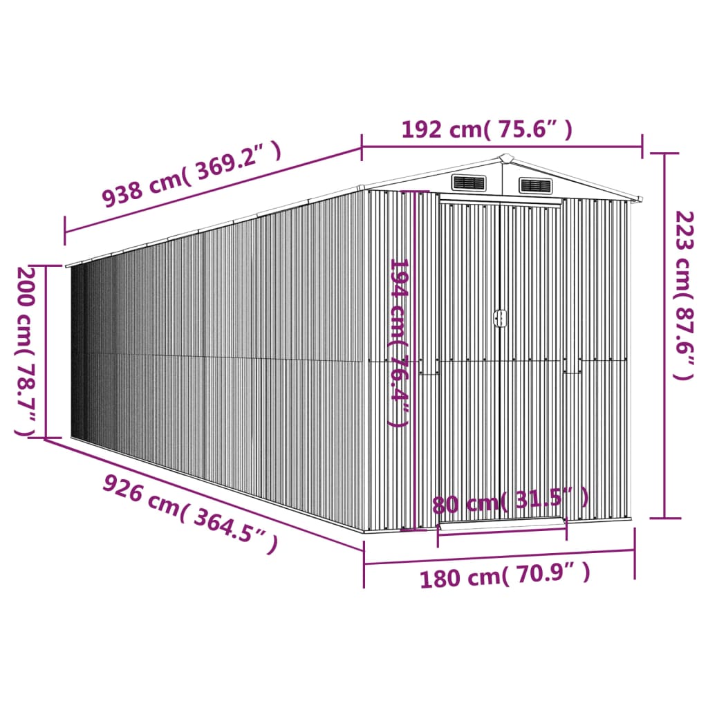 Abri de jardin Gris clair 192x938x223 cm Acier galvanisé