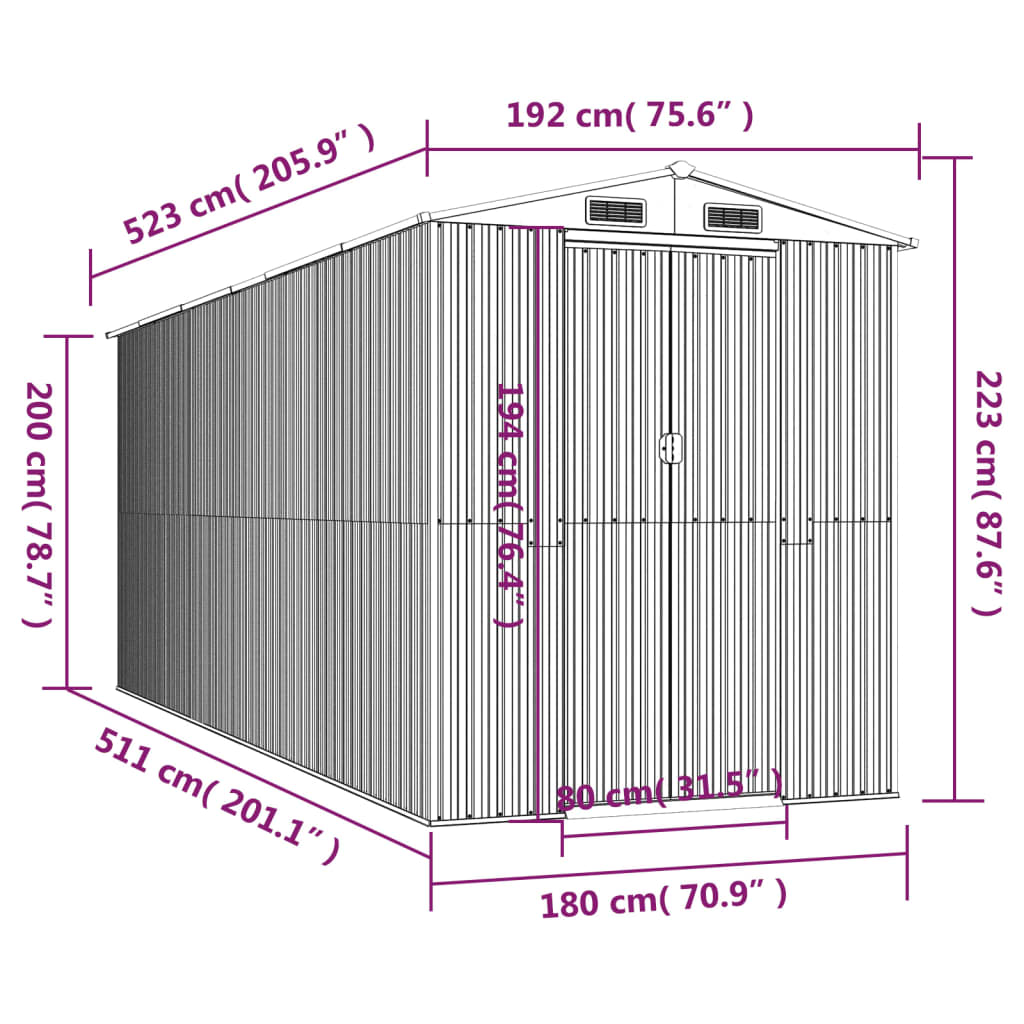 Abri de jardin Anthracite 192x523x223 cm Acier galvanisé