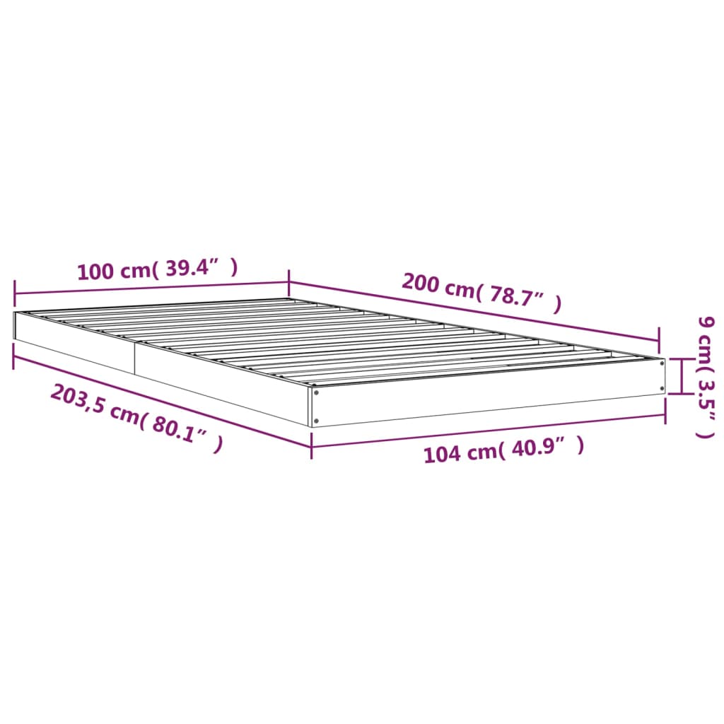 Bettgestell ohne schwarze Matratze 100x200 cm aus massivem Kiefernholz