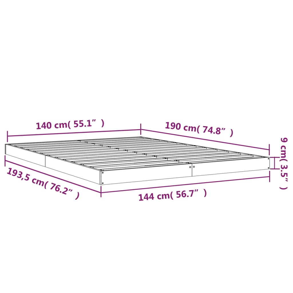 Bed frame without white mattress 140x190 cm solid pine wood